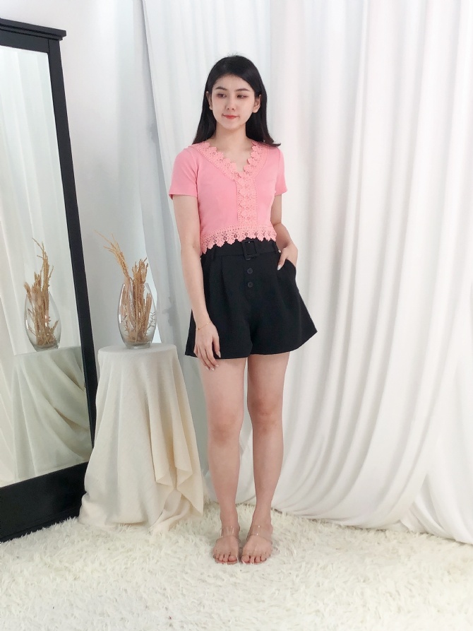High Waist Side Pocket With Belt Short Pants 24483