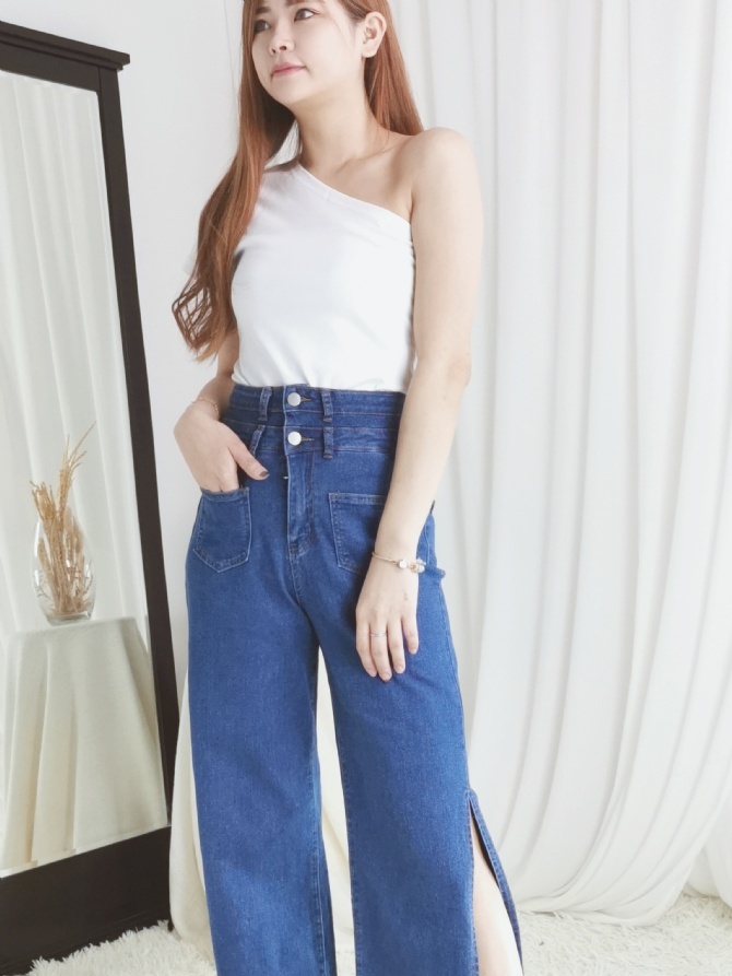 High Waist Front Pocket Denim Long Pants 24567