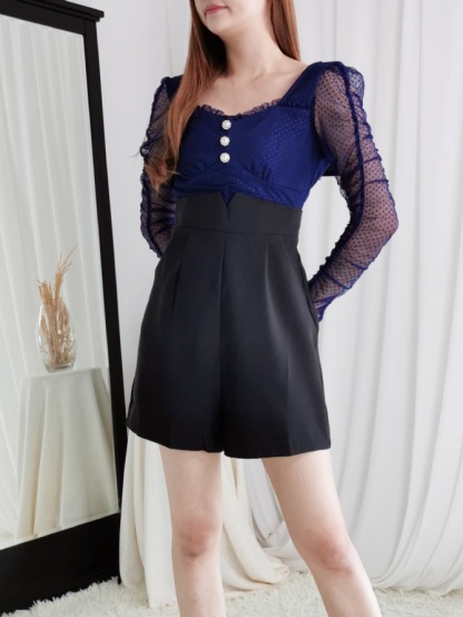 Polka Dot Long Pleated Sleeve Jumpsuit 24574