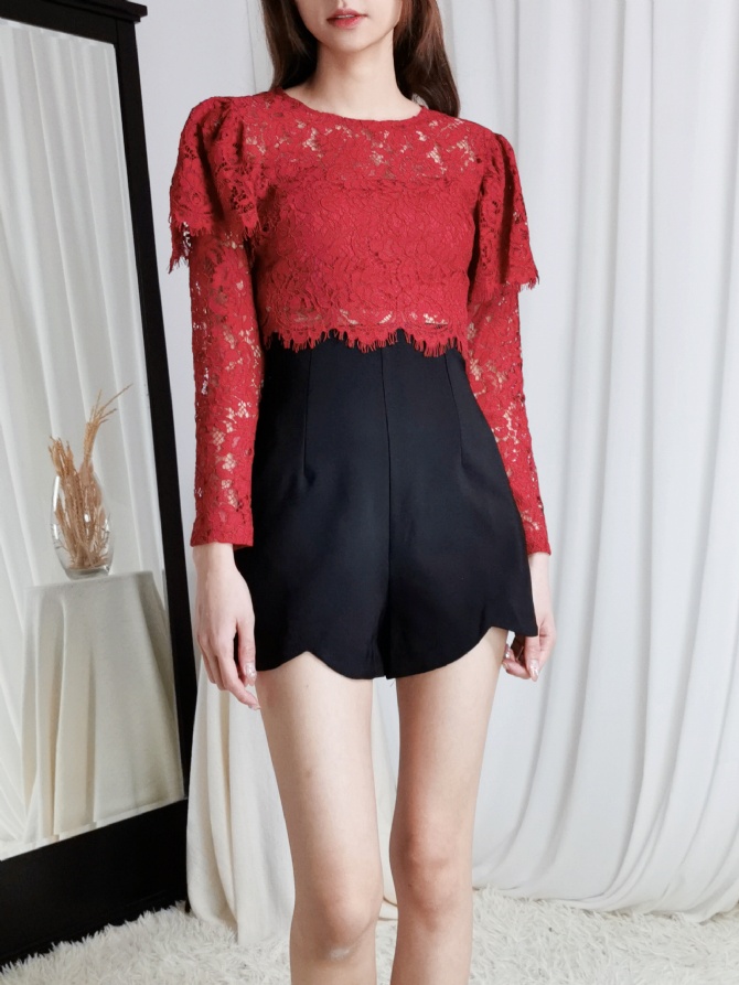 Lace Long Sleeve Top With High Waist Short Pants Set 24591