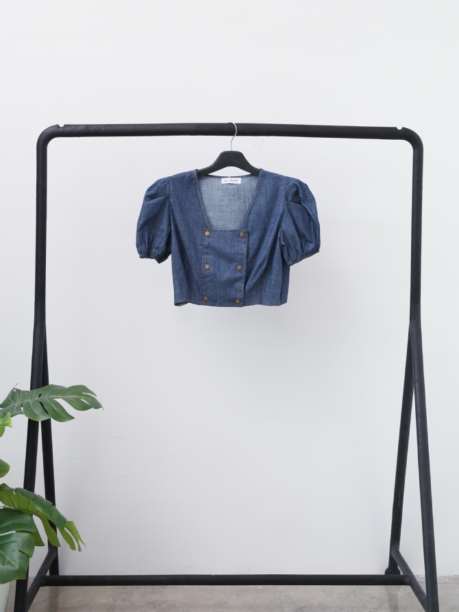 Denim Square Neck With Front Two Breasted Button Top 15934