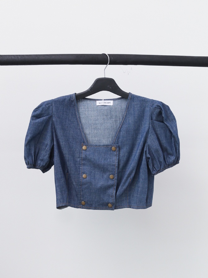 Denim Square Neck With Front Two Breasted Button Top 15934