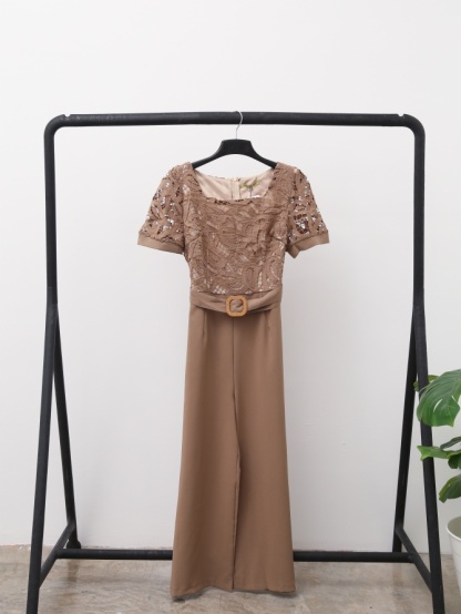 Square Neck Lace Long Jumpsuit With Belt 15322