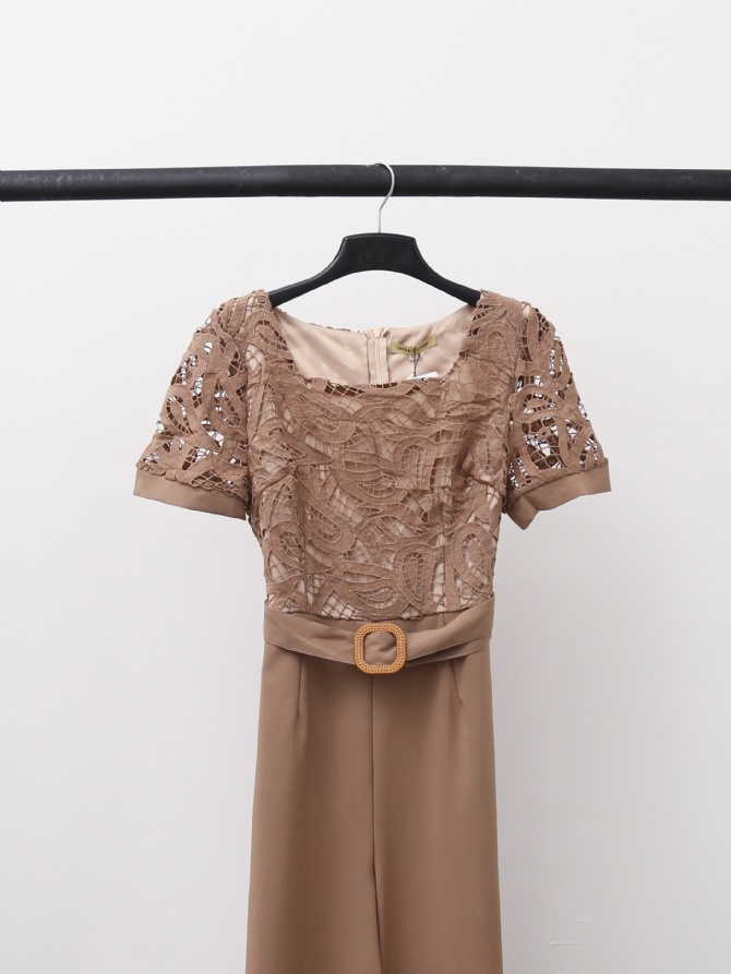 Square Neck Lace Long Jumpsuit With Belt 15322
