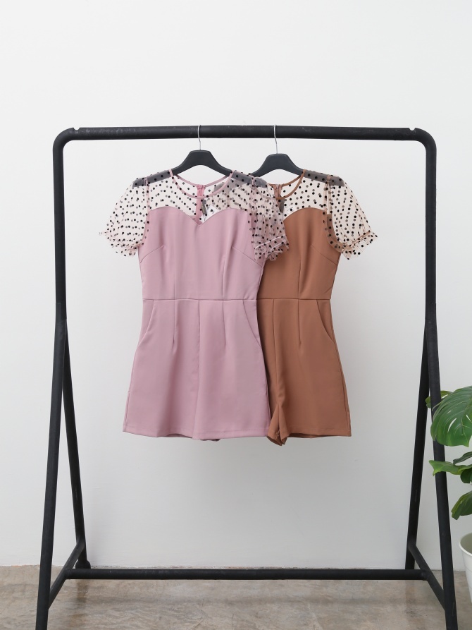 Transparent Polka Dot Sleeve With Neckline Jumpsuit 15334