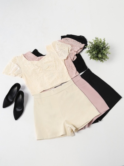 Lace Sleeve Short Sleeve Set 15809