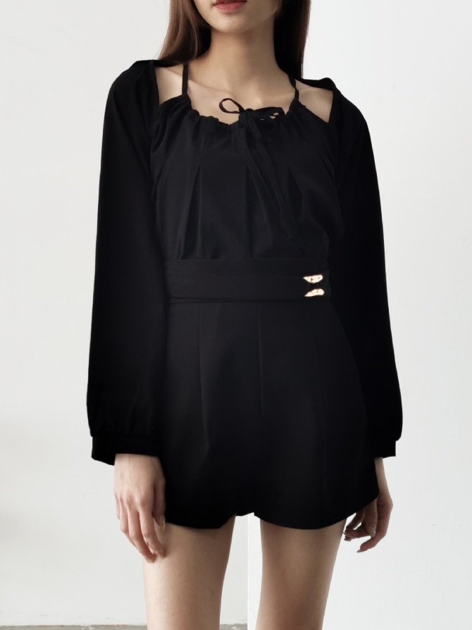 Off Shoulder With Front Tie Up Strap Long Sleeve Top 24606