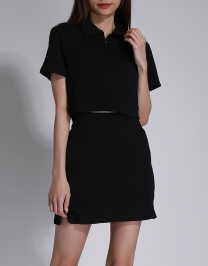 Waffle Collar Front Zip Top With High Waist With Split Skirt Set 24312