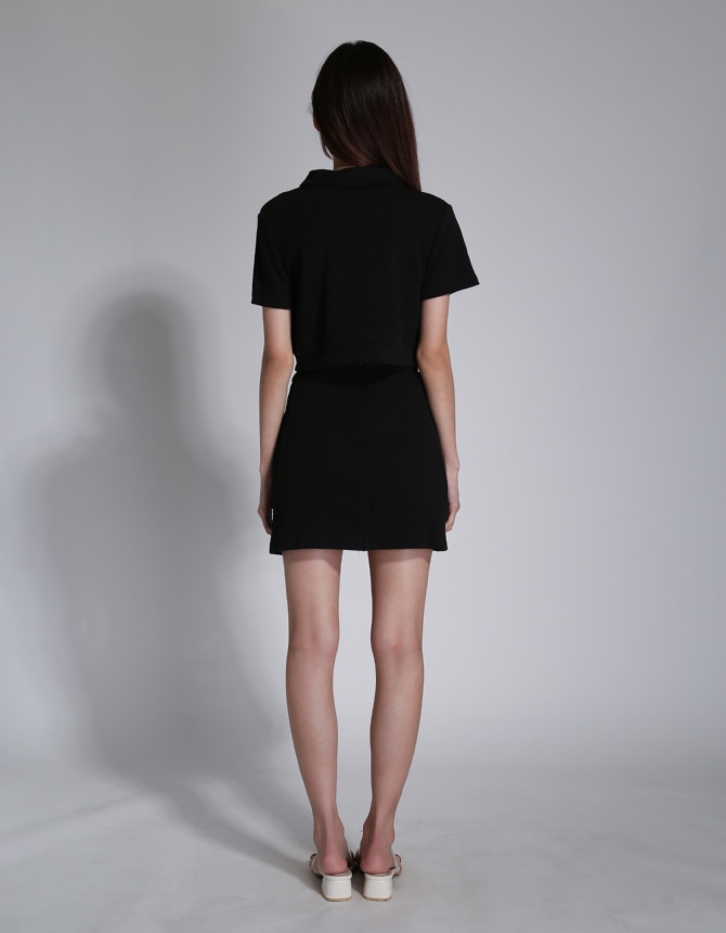 Waffle Collar Front Zip Top With High Waist With Split Skirt Set 24312