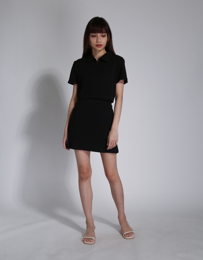 Waffle Collar Front Zip Top With High Waist With Split Skirt Set 24312