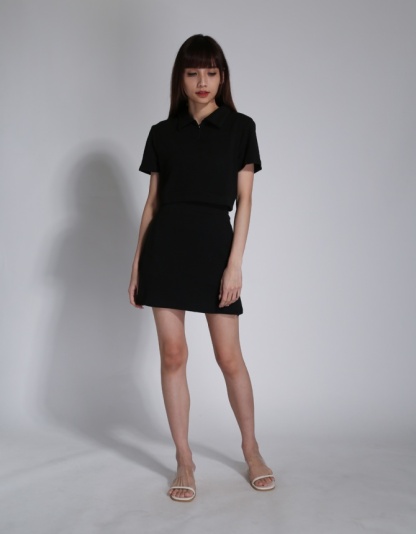 Waffle Collar Front Zip Top With High Waist With Split Skirt Set 24312