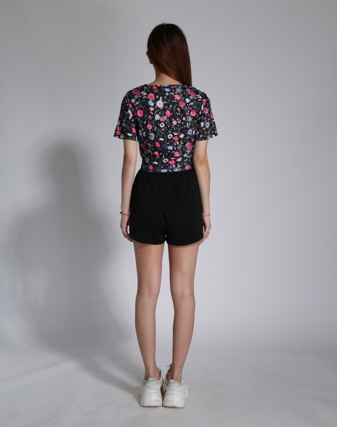 Floral Short Sleeve Top With High Waist Side Pocket Short Pants Set 24316