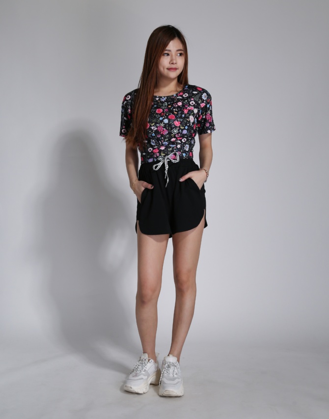 Floral Short Sleeve Top With High Waist Side Pocket Short Pants Set 24316