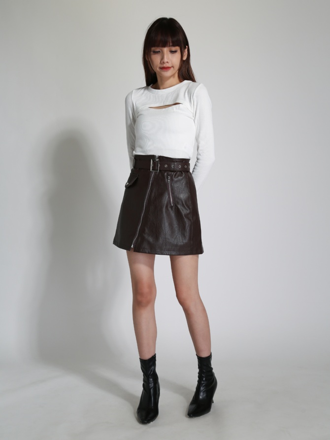 Leather Front Zip With Belt Skirt 24225