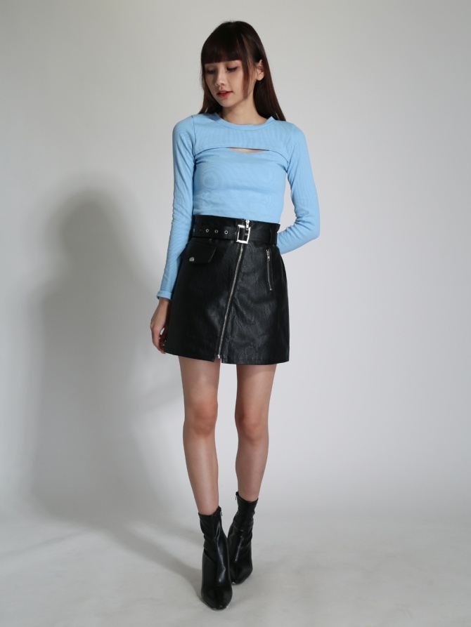 Leather Front Zip With Belt Skirt 24225