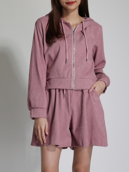 Sport Wear Front Zip With Cap And Short Pants Set 24269