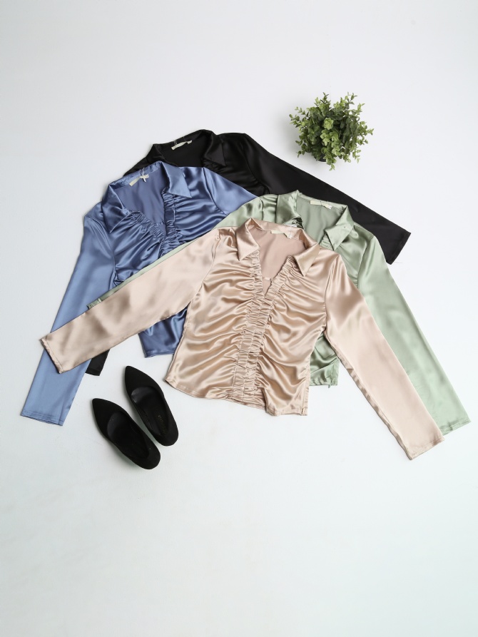 Satin Collar Front Pleated Long Sleeve Top 24449