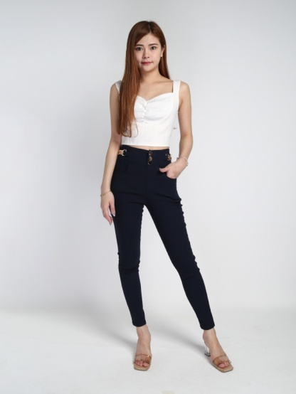 High Waist Decorative Belt Chain Long Pants 21554