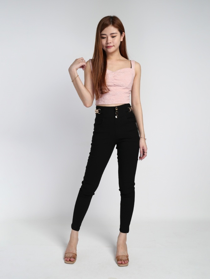 High Waist Decorative Belt Chain Long Pants 21554