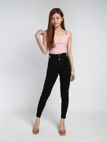 High Waist Decorative Belt Chain Long Pants 21554