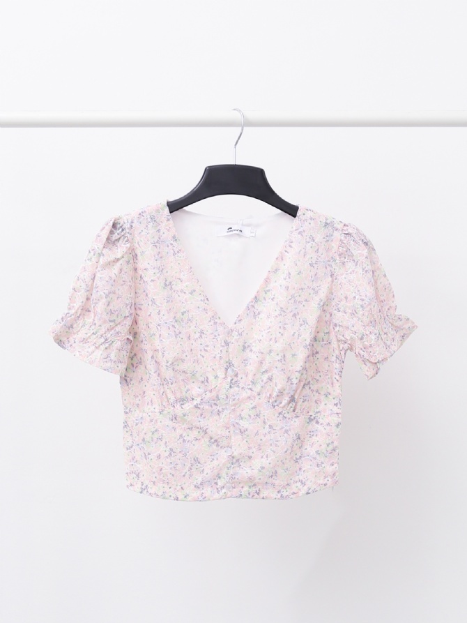 V Neck Lace Printed Flower Top 15562