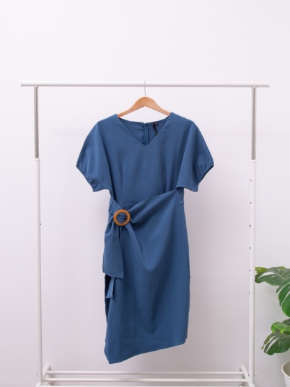 V Neck Side Ring Buckle Dress 15509