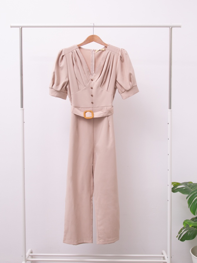 V Neck Pleated With Decorative Button Long Jumpsuit 15642