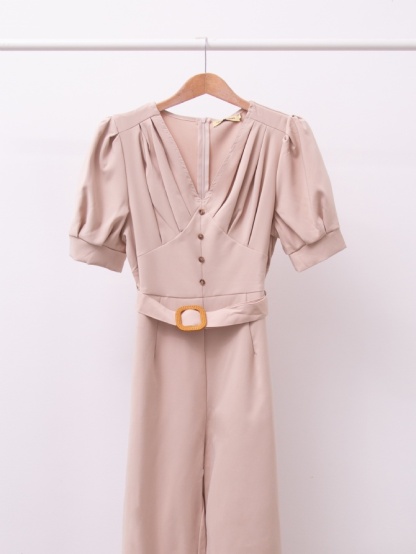 V Neck Pleated With Decorative Button Long Jumpsuit 15642