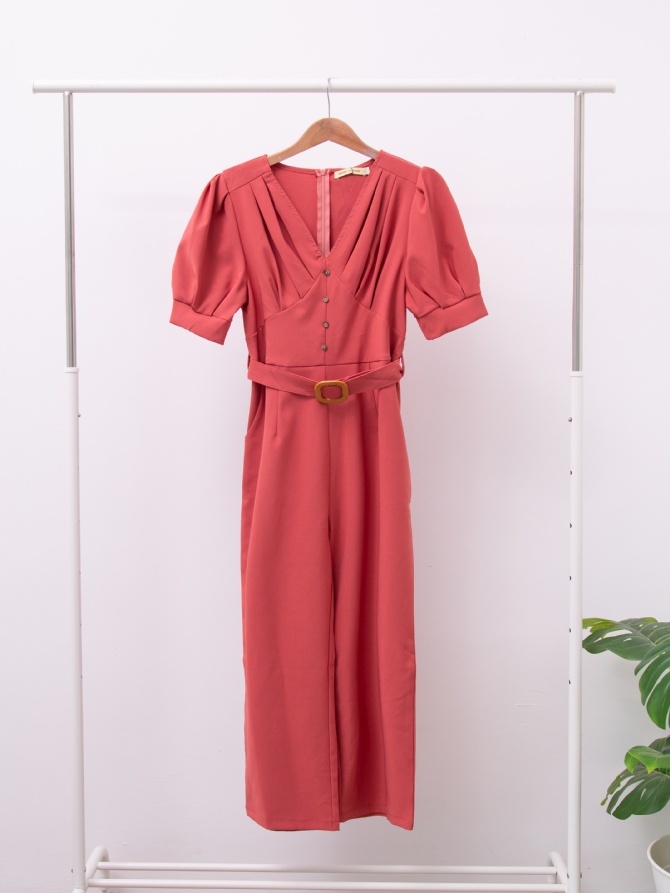 V Neck Pleated With Decorative Button Long Jumpsuit 15642