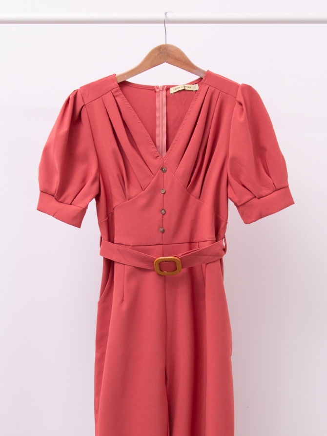 V Neck Pleated With Decorative Button Long Jumpsuit 15642