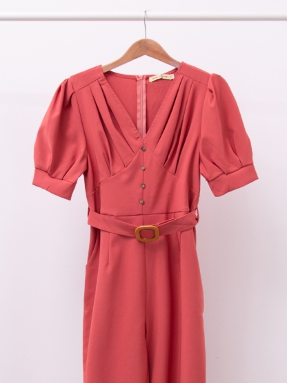 V Neck Pleated With Decorative Button Long Jumpsuit 15642