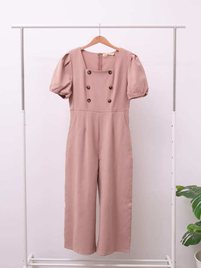 Puff Sleeve With Front Decorative Button Long Jumpsuit 15643