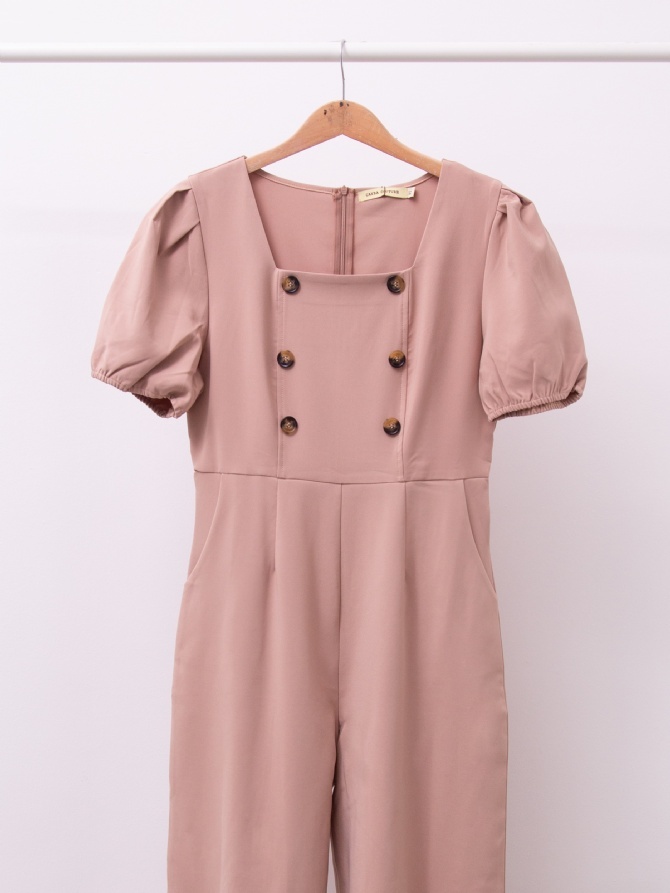 Puff Sleeve With Front Decorative Button Long Jumpsuit 15643