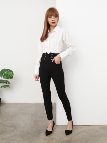 High Waist Front Decorative Button Long Pants 19139