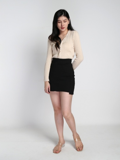 High Waist Front Short Side Long Skirt 22054
