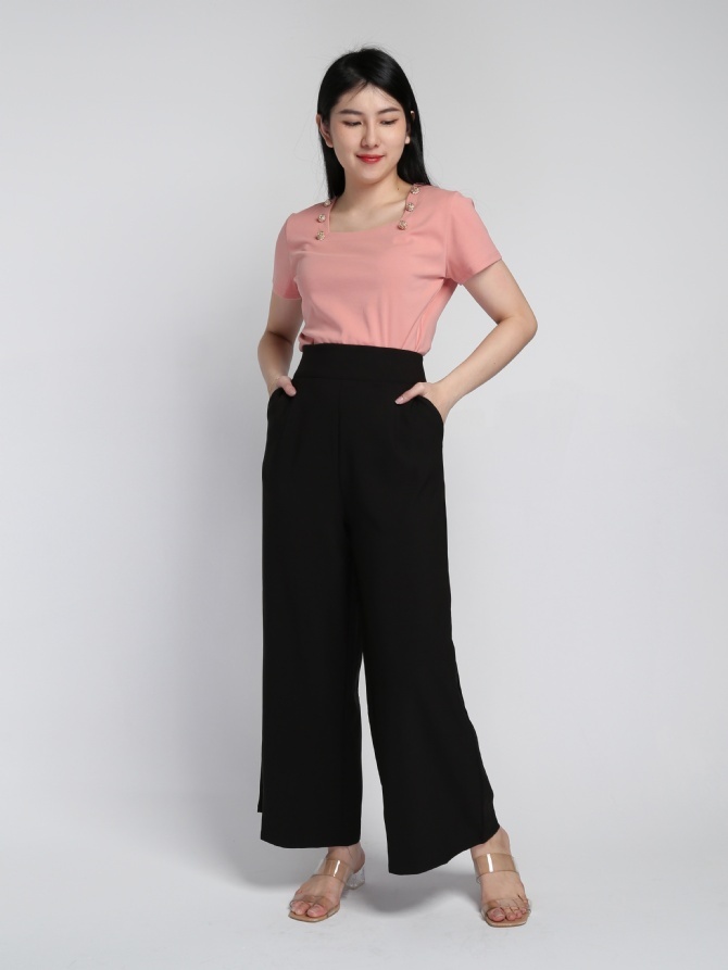 Square Neck Decorative Button Top 16338