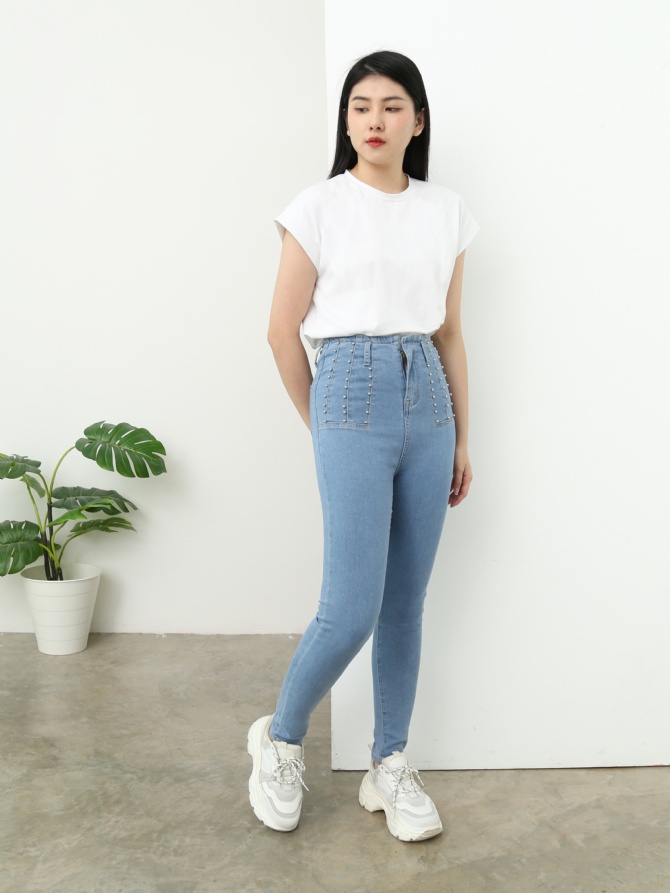 High Waist Denim Side Decorative Pearl Long Pants 25056