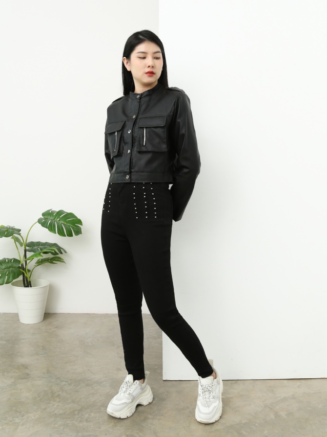 High Waist Denim Side Decorative Pearl Long Pants 25056
