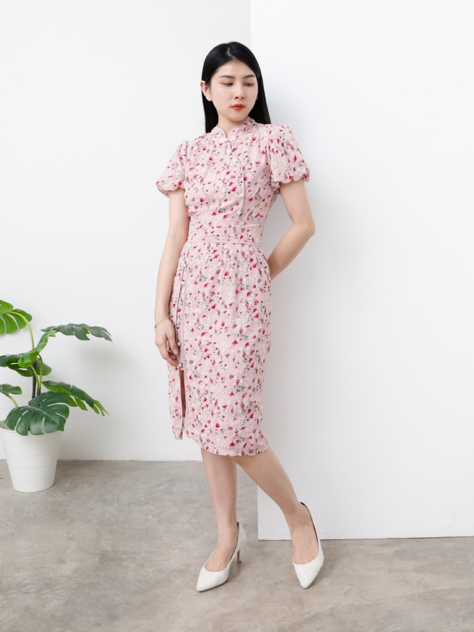 Floral Puff Sleeve With Split Dress 25119