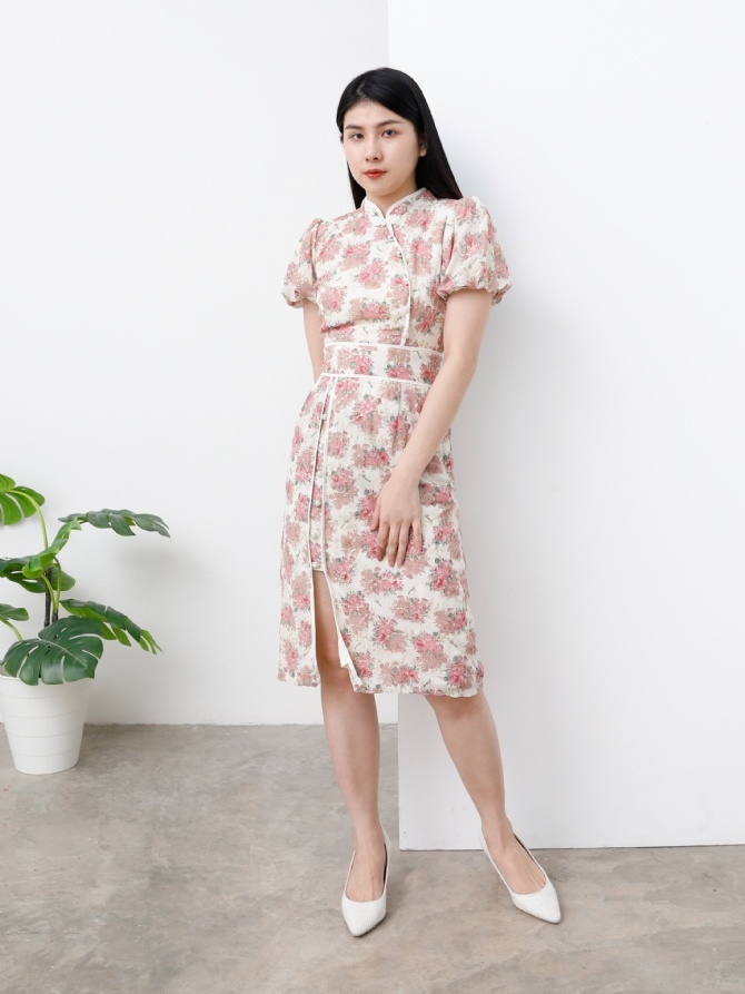 Floral Puff Sleeve With Split Dress 25119