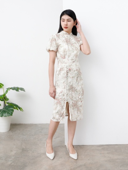 Floral Puff Sleeve With Split Dress 25119