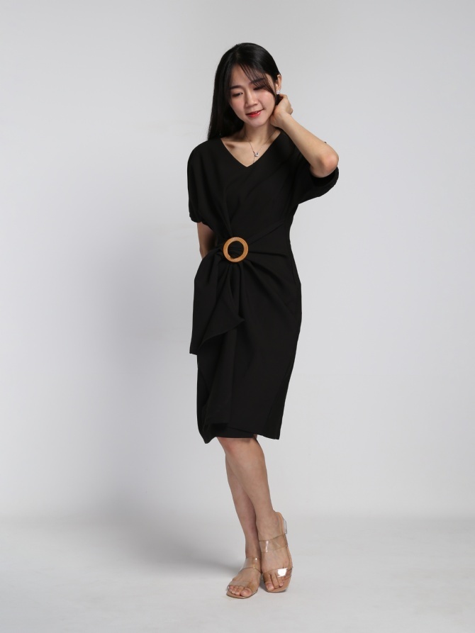 V Neck Side Ring Buckle Dress 15509