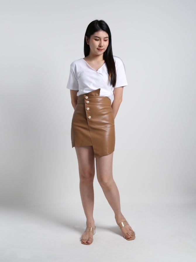 Leather Decorative Pearl Button Irregular Long Skirt 19727