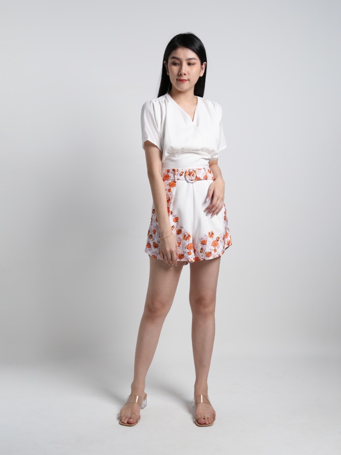 Side Printed Flower With Belt Short Pants 20583