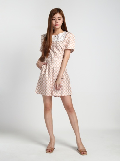 Lace Collar Checker Jumpsuit 15477