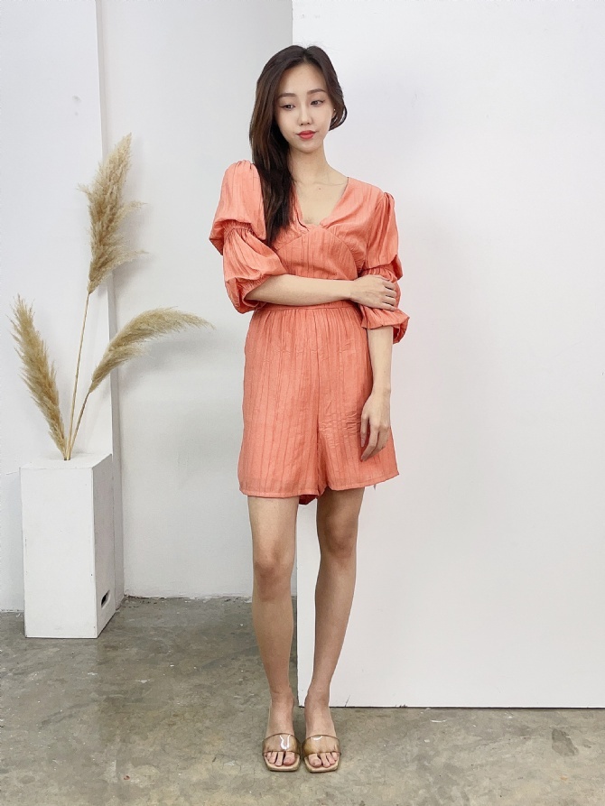 V Neck Puff Sleeve With Pocket Jumpsuit 16471