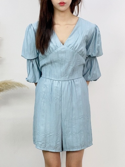 V Neck Puff Sleeve With Pocket Jumpsuit 16471