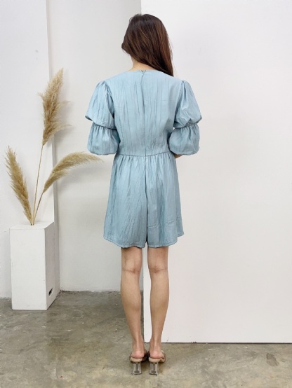 V Neck Puff Sleeve With Pocket Jumpsuit 16471