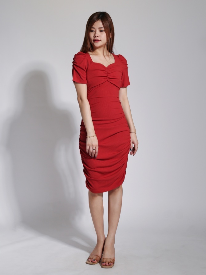 Short Sleeve Sweetheart Neck Pleated Dress 23872