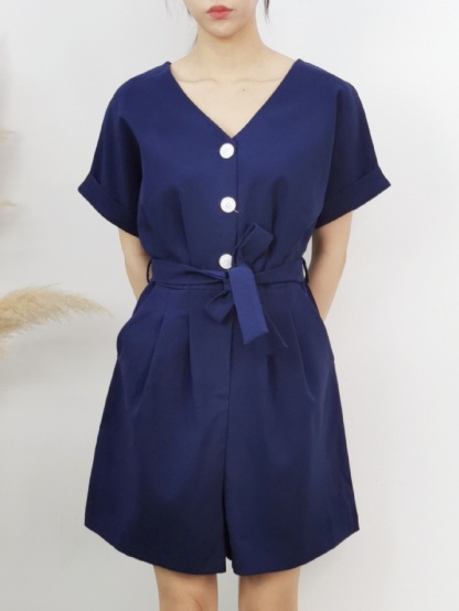 Short Sleeve Front Button Jumpsuit With Belt 16860